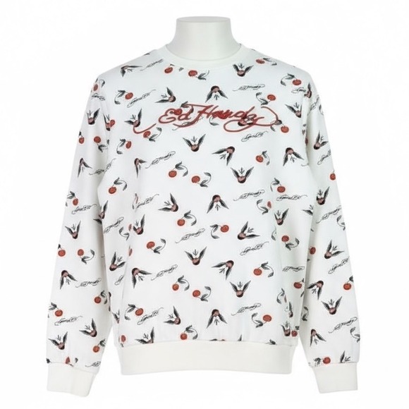 Ed Hardy Kids White Crewneck Sweatshirt Cherry & Swallow Graphic Print - Picture 1 of 10